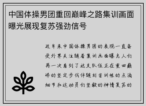 中国体操男团重回巅峰之路集训画面曝光展现复苏强劲信号