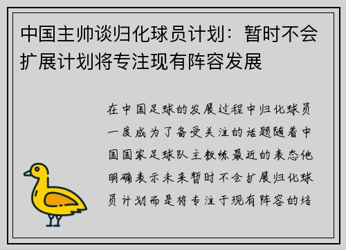 中国主帅谈归化球员计划:暂时不会扩展计划将专注现有阵容发展 中国主帅谈归化球员计划:暂时不会扩展计划将专注现有阵容发展